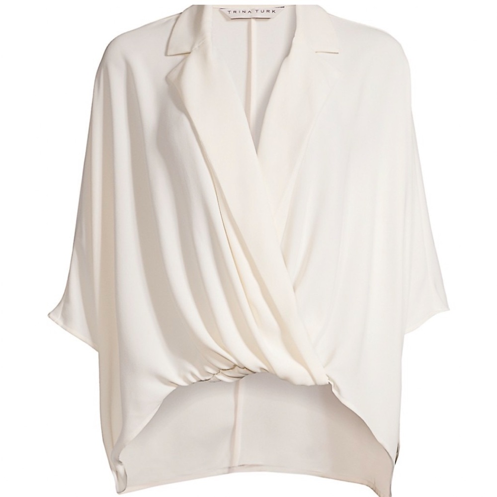 XS/S Shore Draped Blouse Three Quarter sleeves Hi Lo Hem V Neck Notched Collar